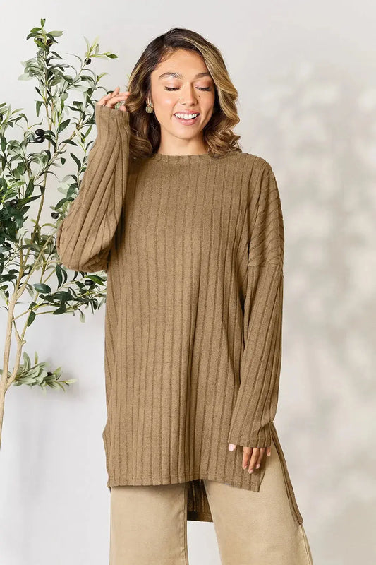 Basic Bae Full Size Ribbed Round Neck Long Sleeve Slit Top - Love Salve