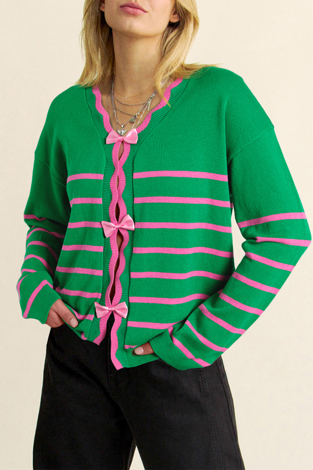 Charming Green Striped Knit Cardigan with Bow Detail