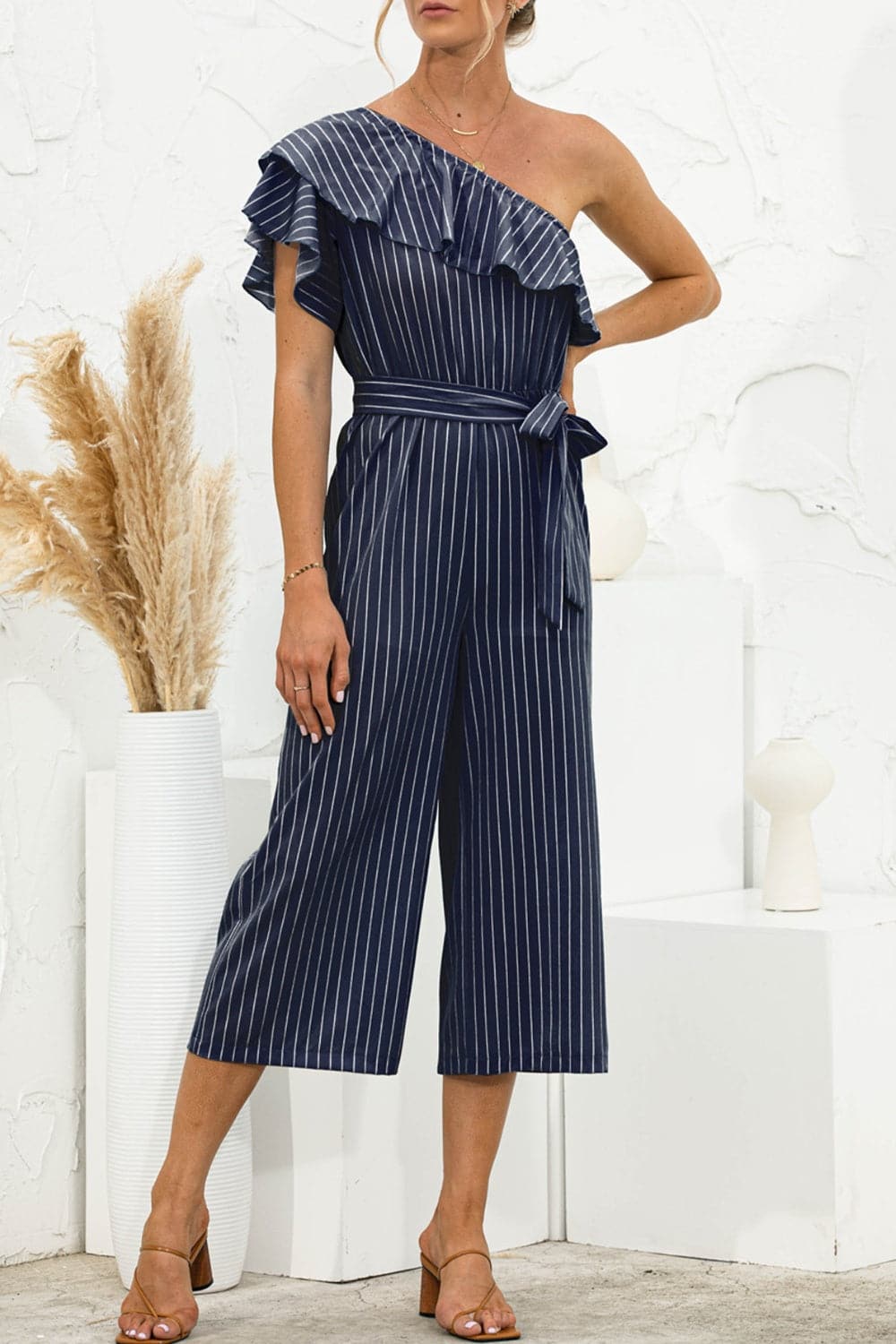 Ruffled Single Shoulder Tie Waist Jumpsuit.