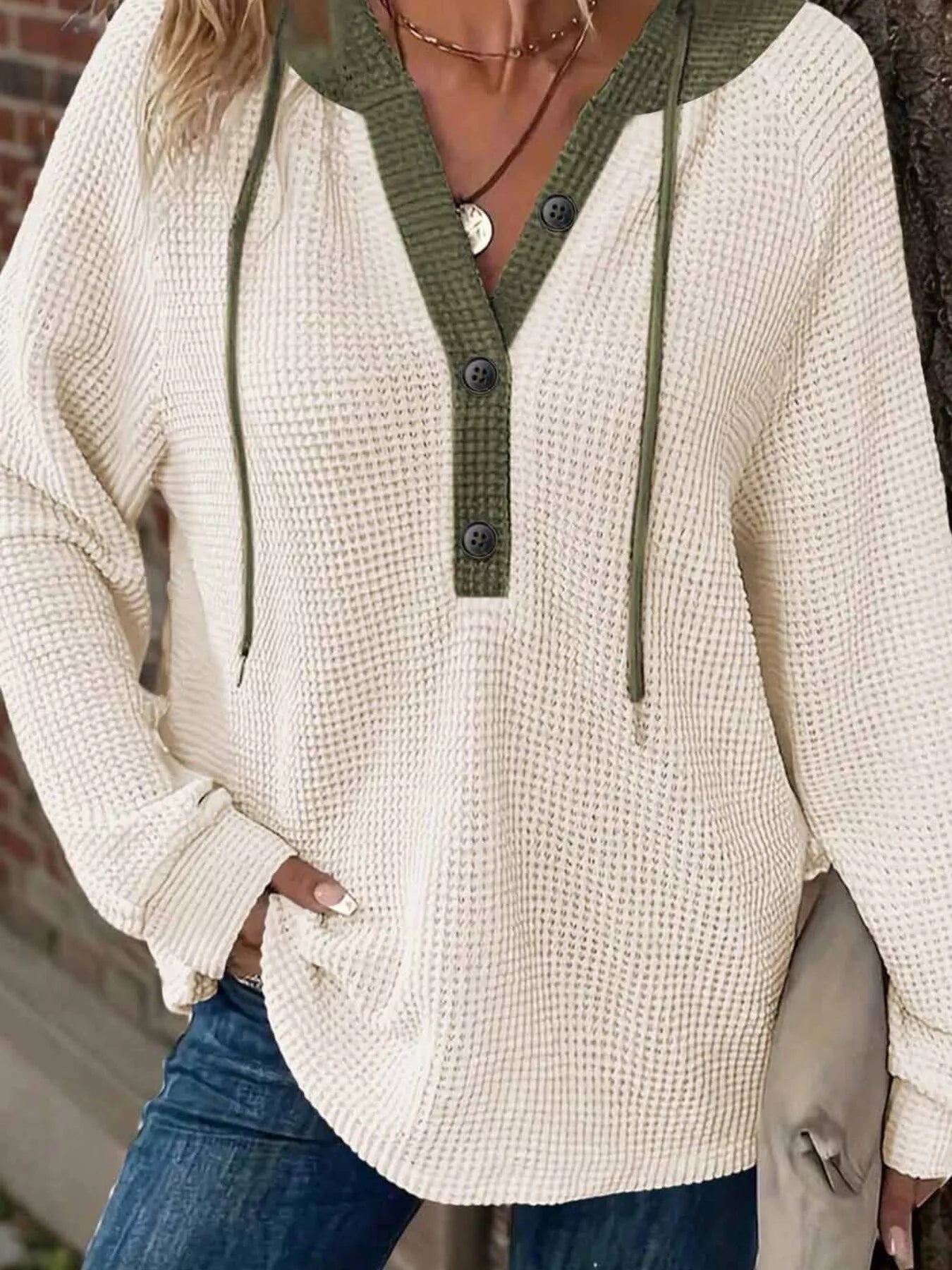 Waffle Knit Button Detail Drawstring Hoodie Simply Love