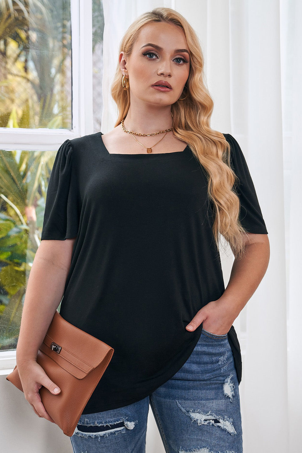 Chic black plus size square neck top with ruched sleeves