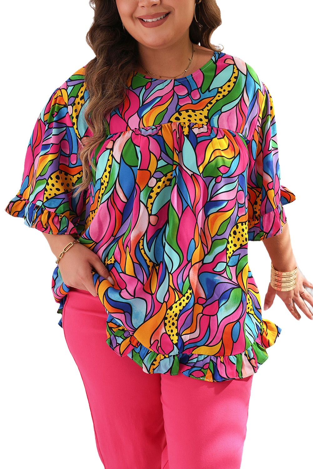 Floral flair plus size blouse with playful frills