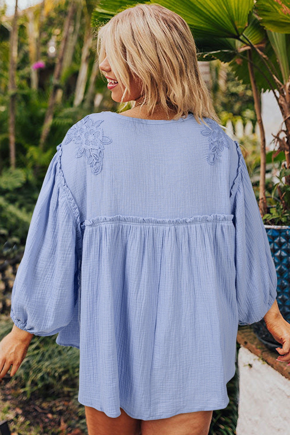 Elegant plus size crochet detail babydoll blouse in beau blue