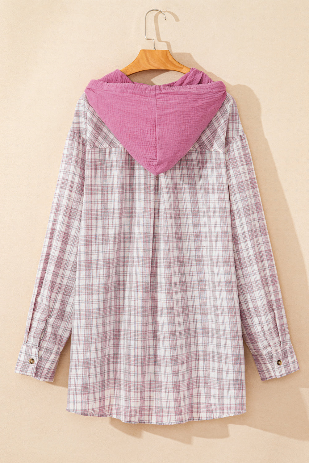 Cozy chic plaid button-up shirt with drawstring hood in plus sizes