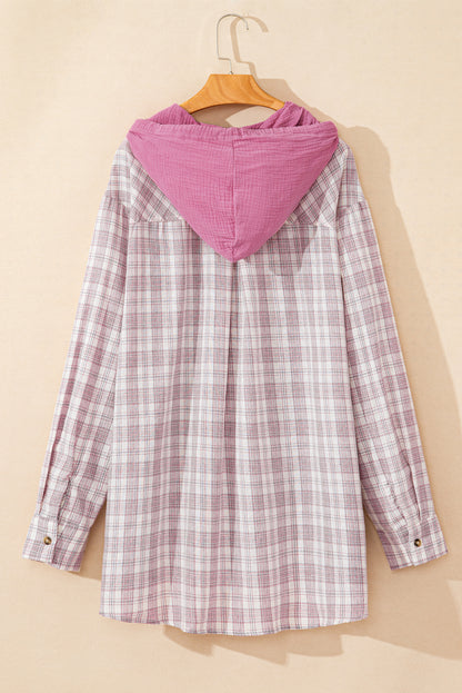 Cozy chic plaid button-up shirt with drawstring hood in plus sizes