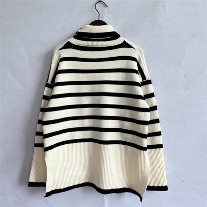 Striped Turtleneck Flare Sleeve Sweater.