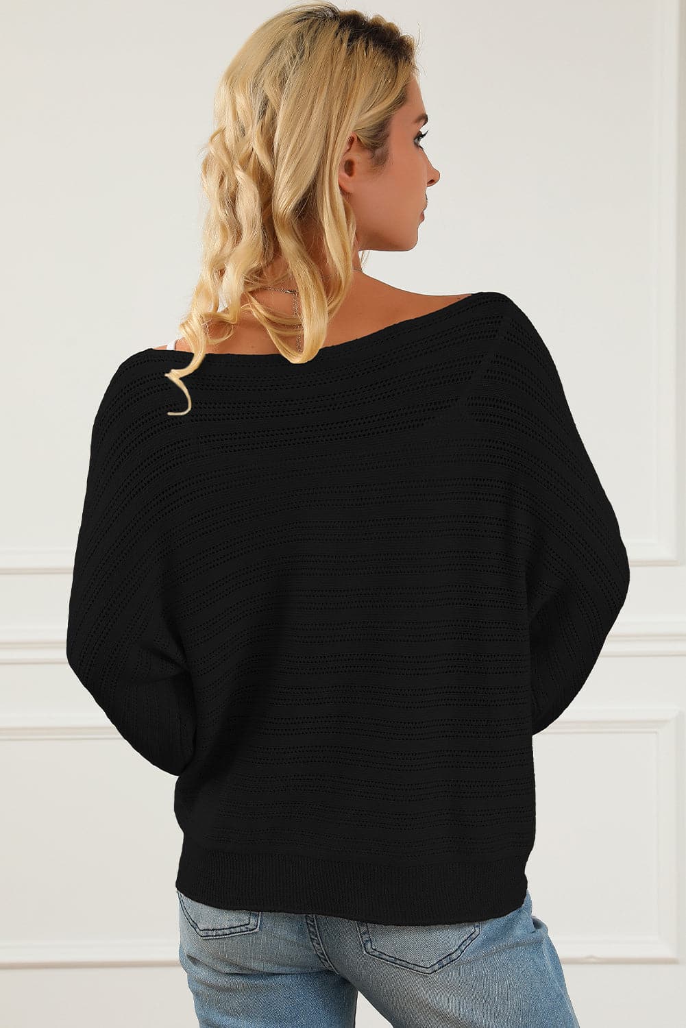 Openwork Boat Neck Lantern Sleeve Sweater.