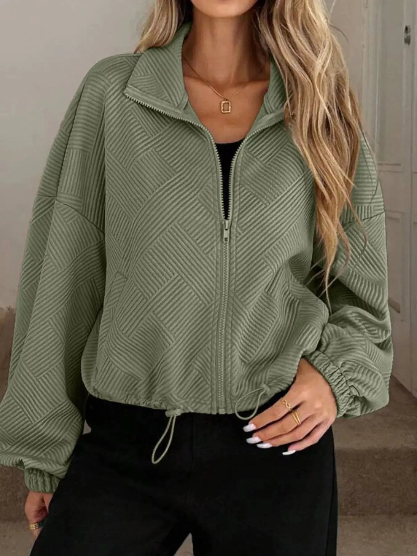 Textured Zip-Up Drawstring Hem Jacket Simply Love