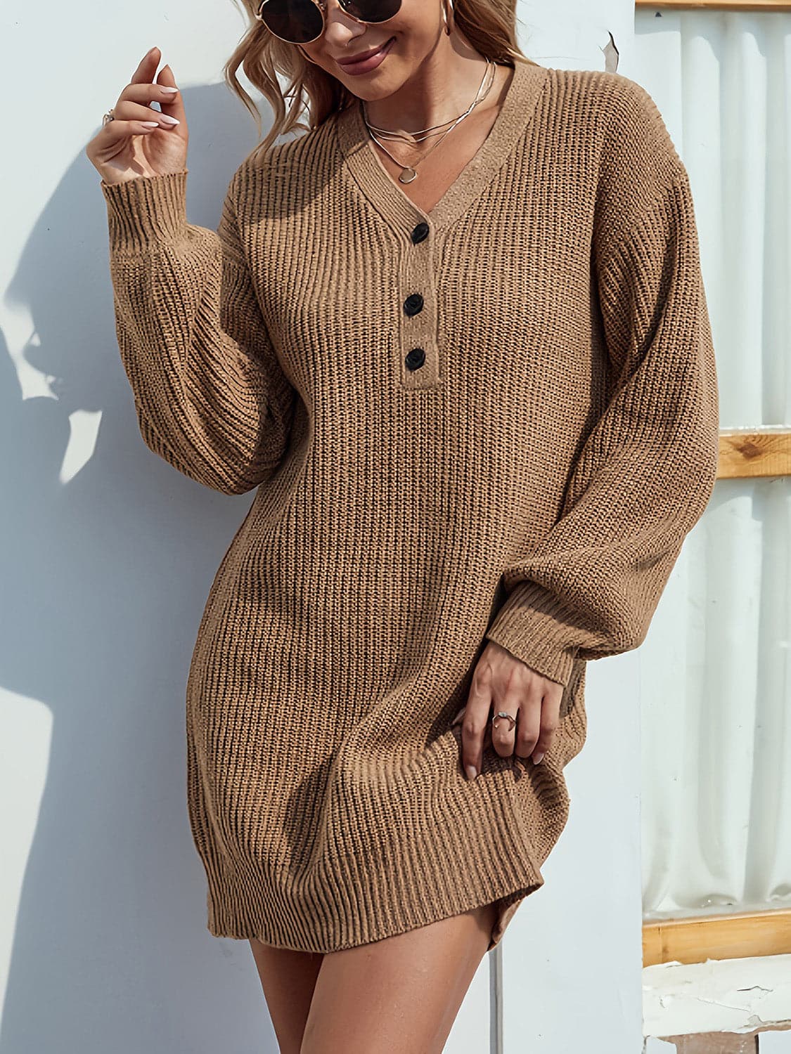 V-Neck Dropped Shoulder Mini Sweater Dress.