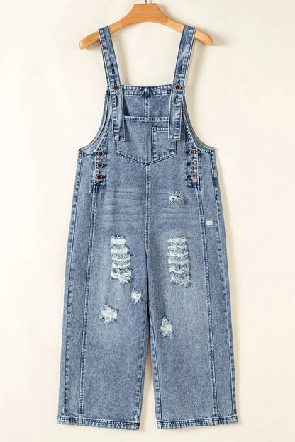 Distressed Bib Pocket Wide Leg Denim Overalls