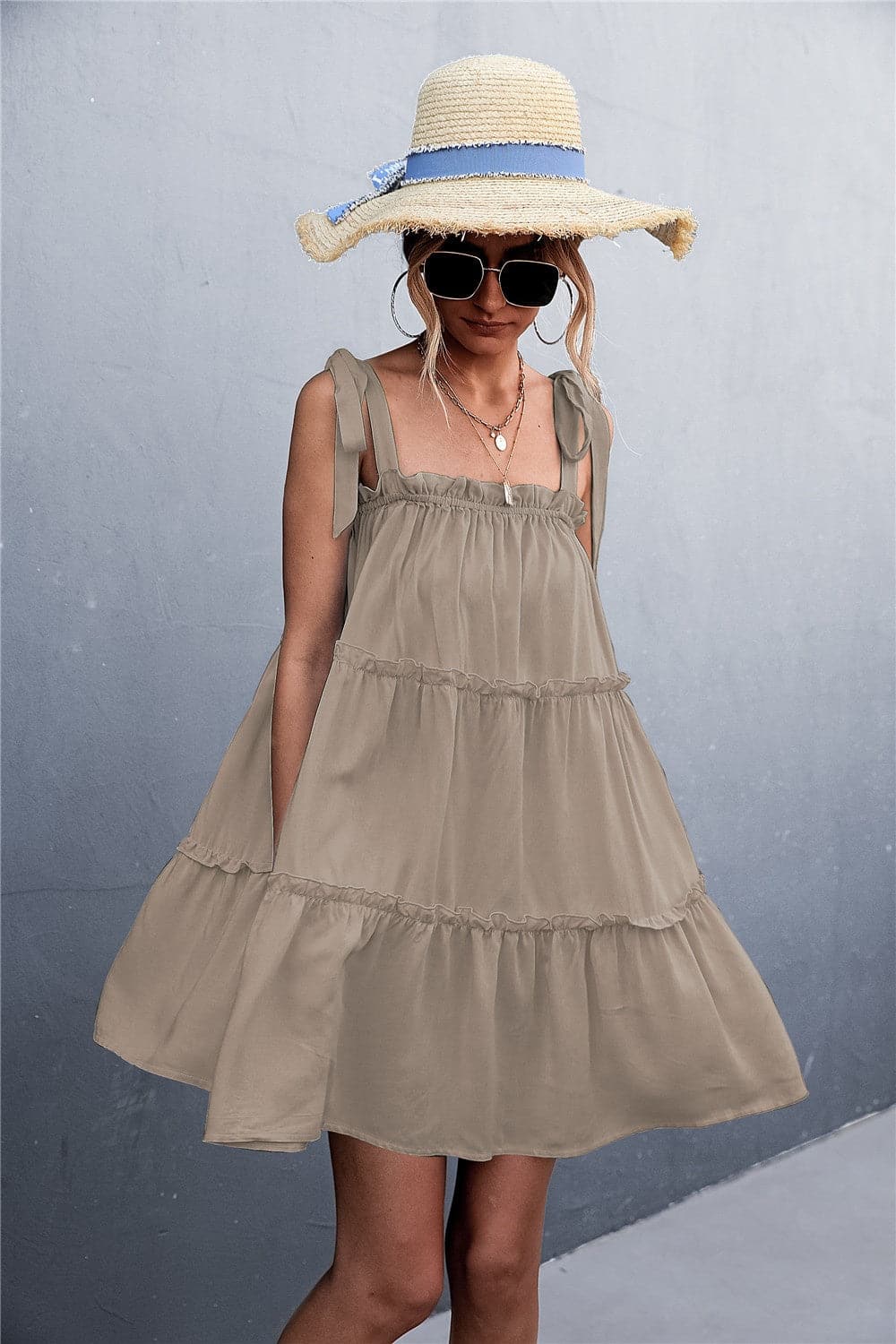 Frill Tiered Tie Shoulder Mini Cami Dress.