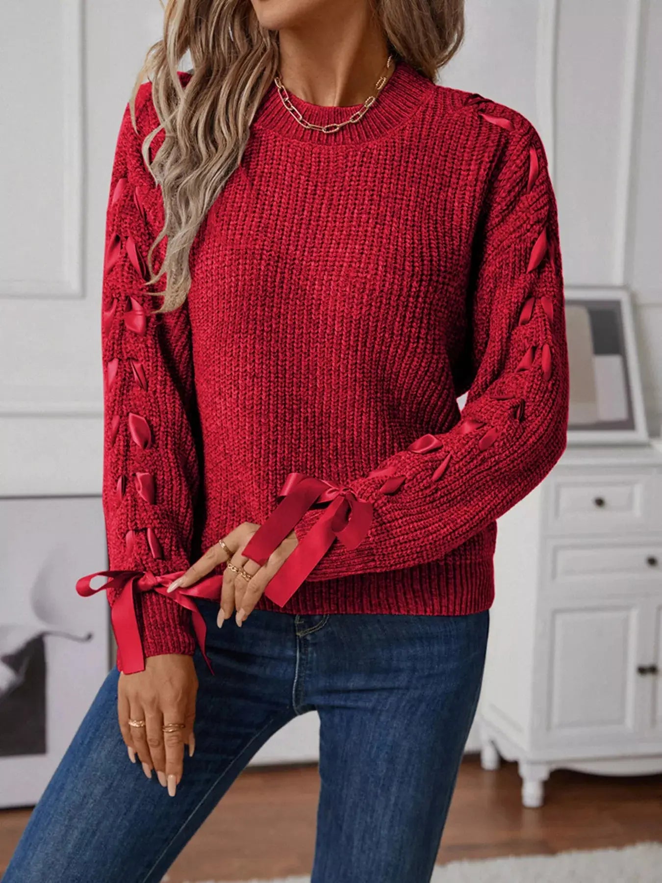 Ribbon-Tie Sleeve Round Neck Sweater Simply Love