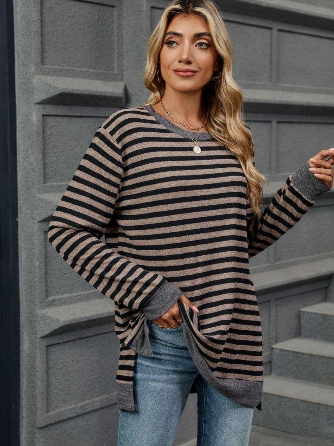 Striped Round Neck Long Sleeve T-Shirt.