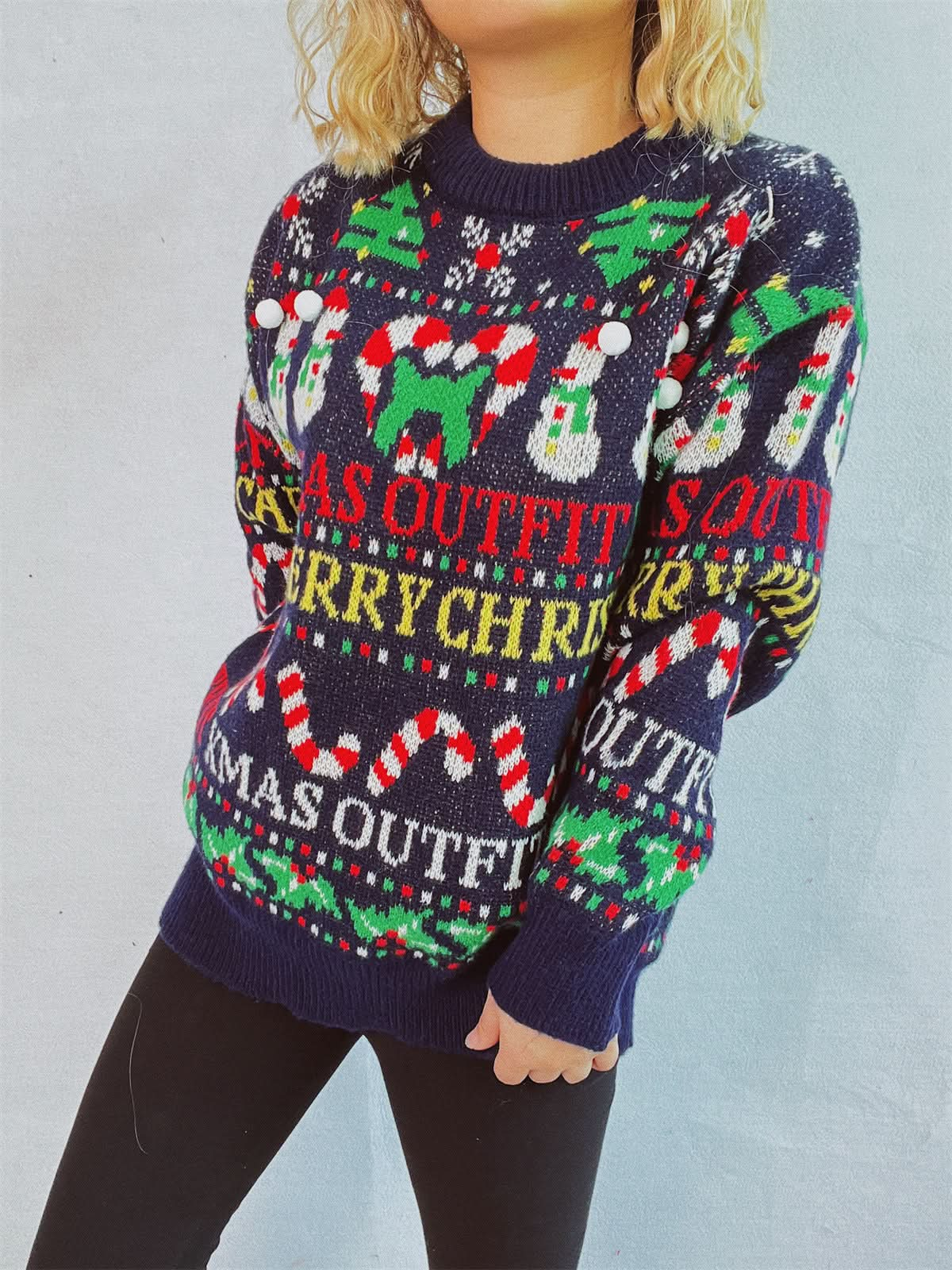 Festive Christmas print long sleeve sweater with round neck