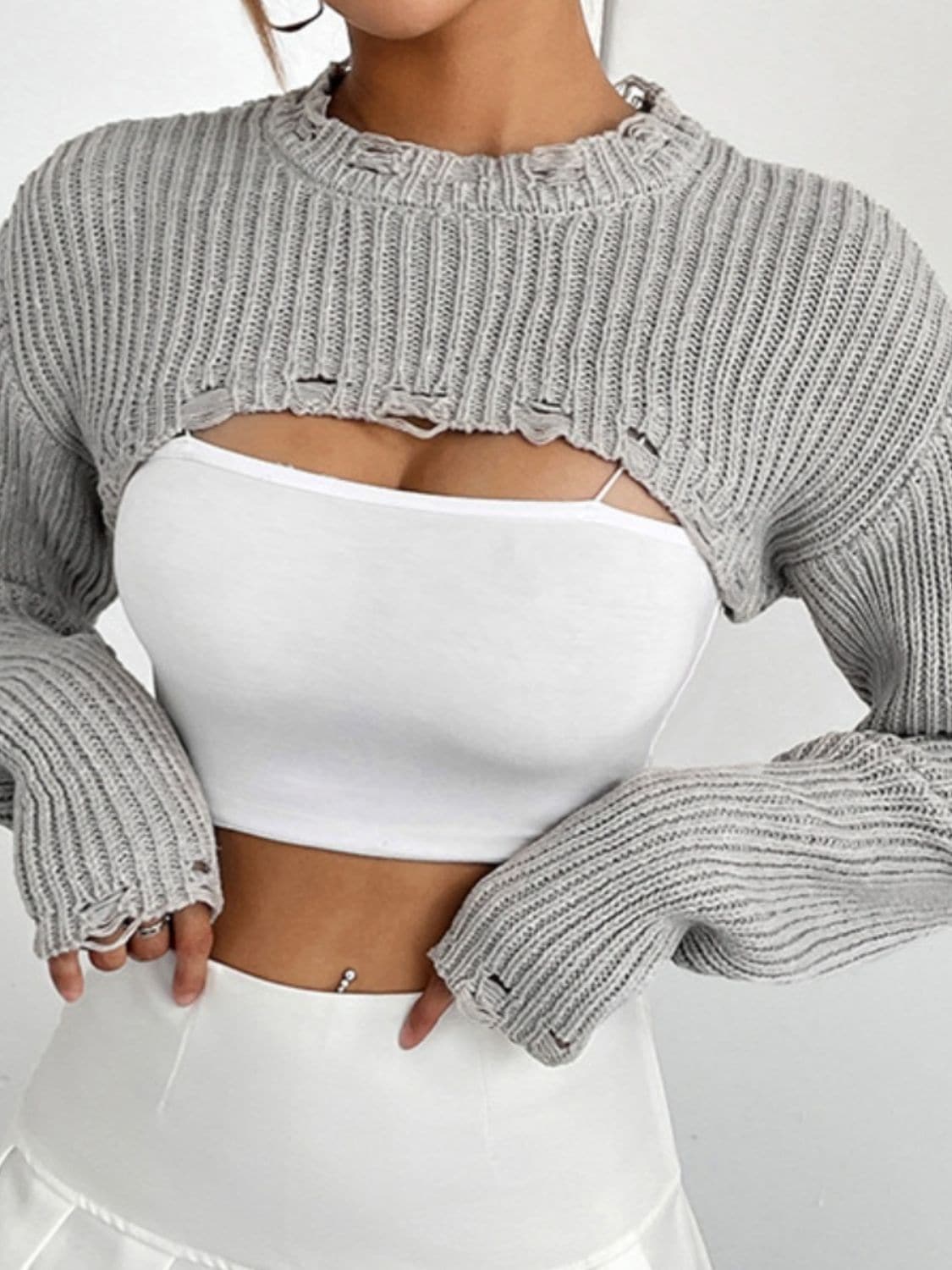 Distressed Long Sleeve Cropped Sweater.