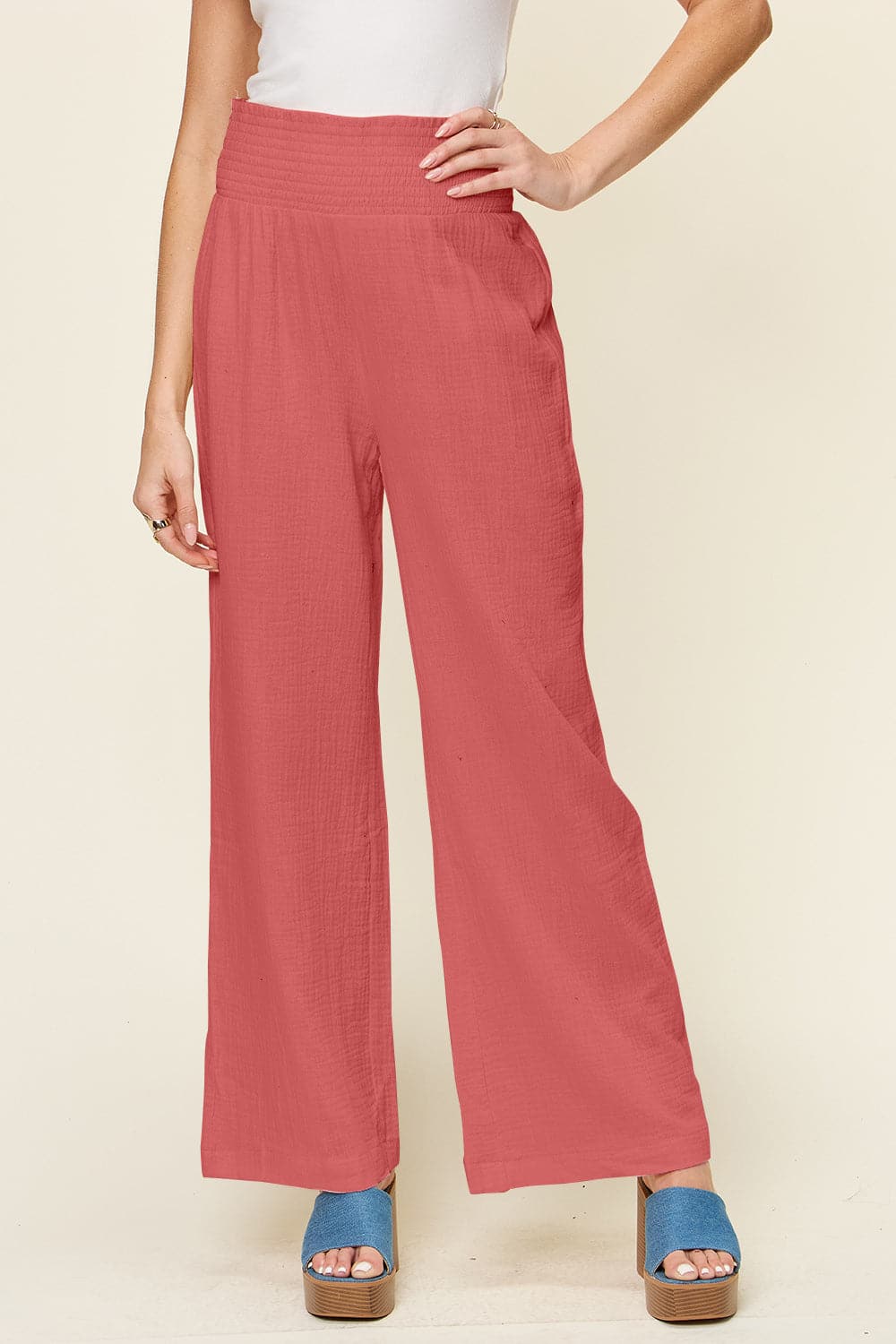 Double Take Full Size Texture Smocked Waist Wide Leg Pants.