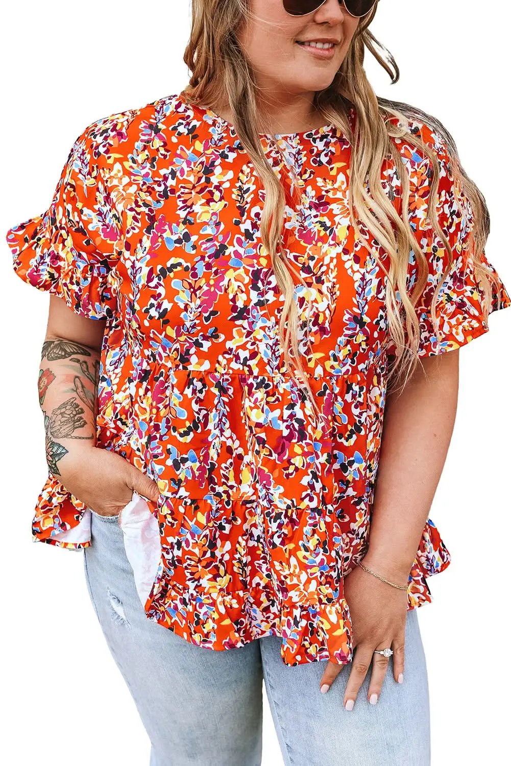 Chic orange floral ruffle sleeve top - Love Salve 