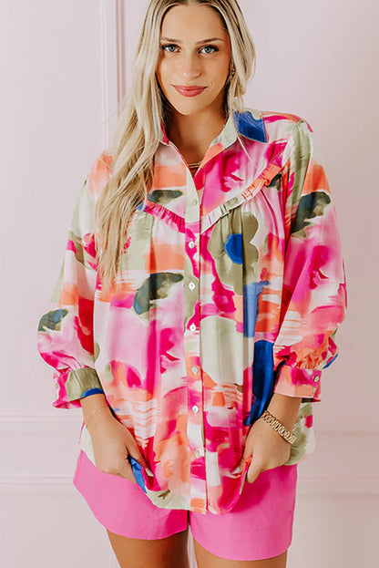 Chic rose-print ruffled puff sleeve blouse