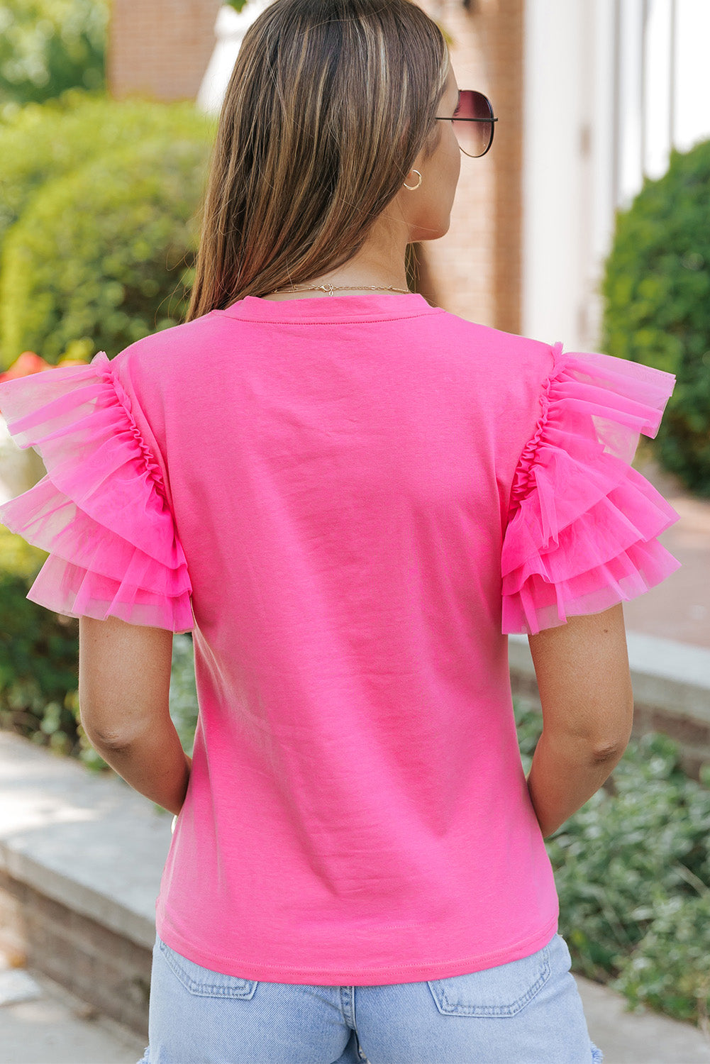 Pink Plain Round Neck Tulle Ruffle Sleeve Blouse Divine Design4U