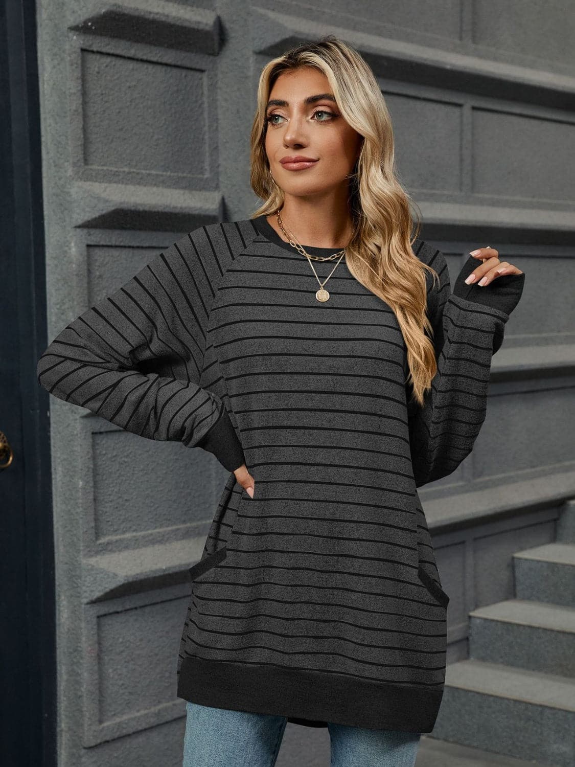 Pocketed Striped Round Neck Long Sleeve T-Shirt.