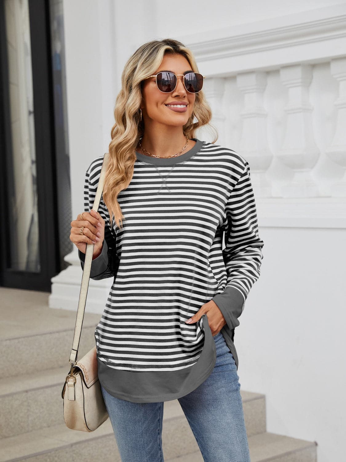 Striped Round Neck Long Sleeve Sweatshirt.