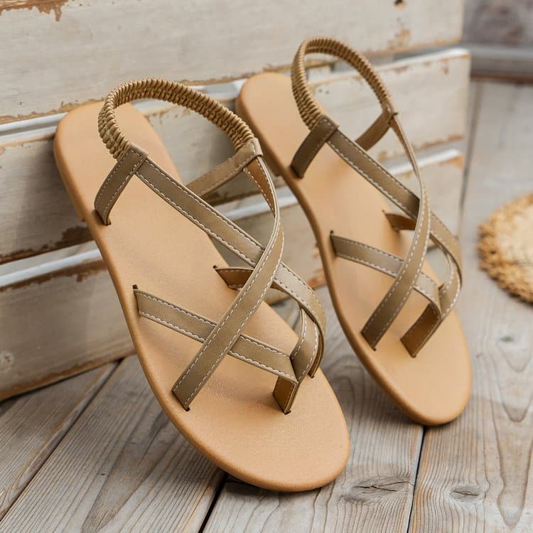 PU Leather Crisscross Flat Sandals.