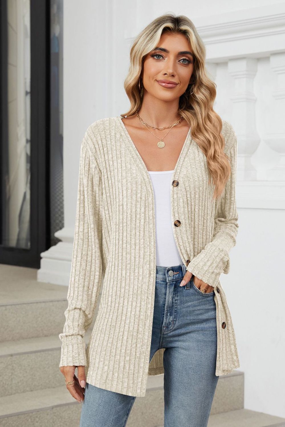 Ribbed Button Up Long Sleeve Cardigan.