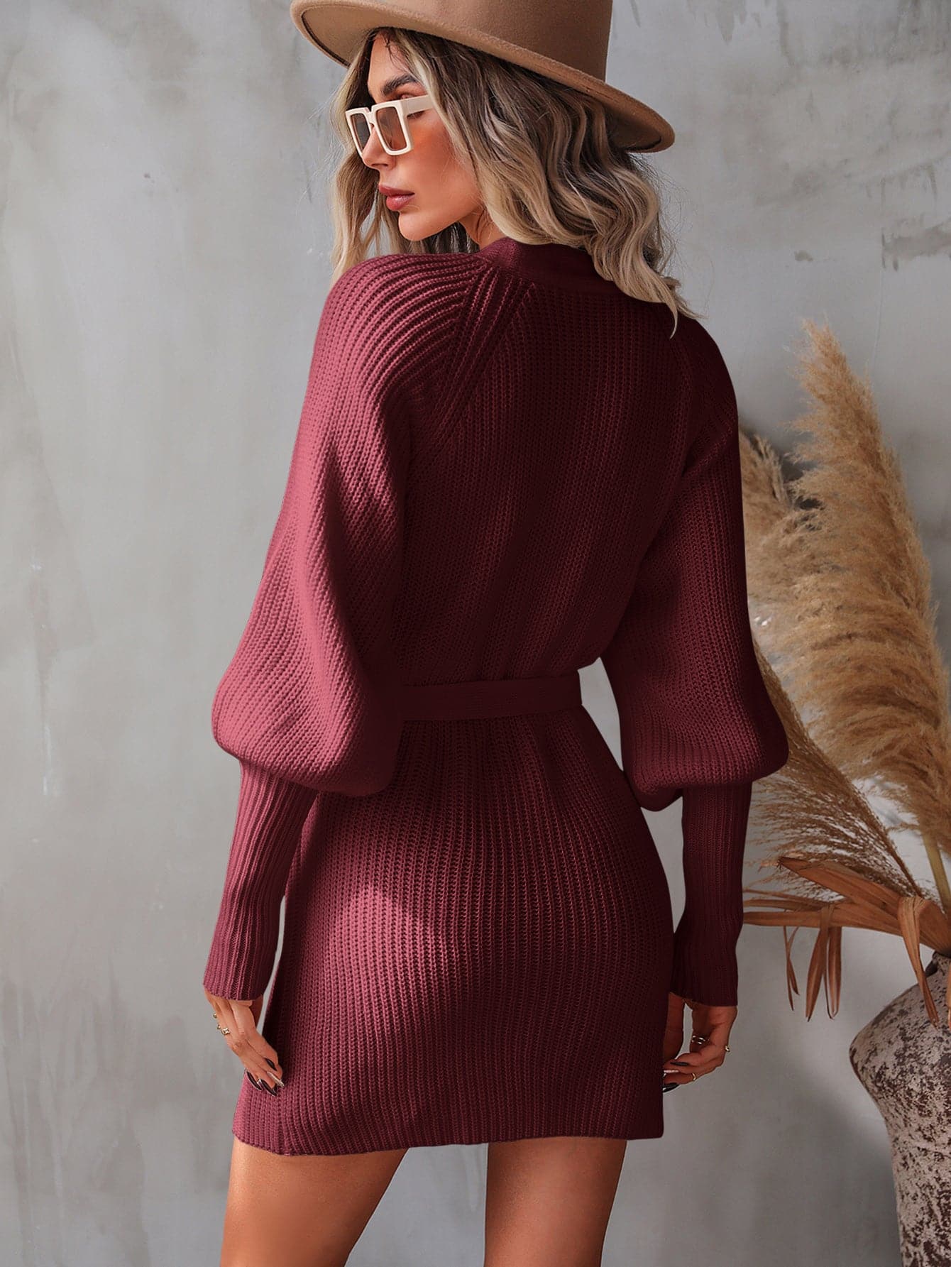 Belted Surplice Lantern Sleeve Wrap Sweater Dress.