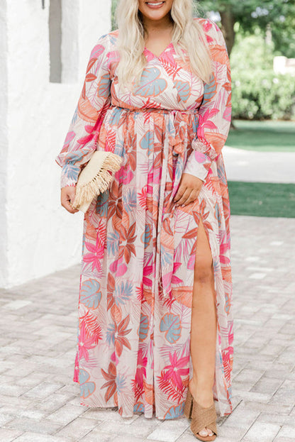 Tropical palm print plus size maxi dress with tie waist and slit