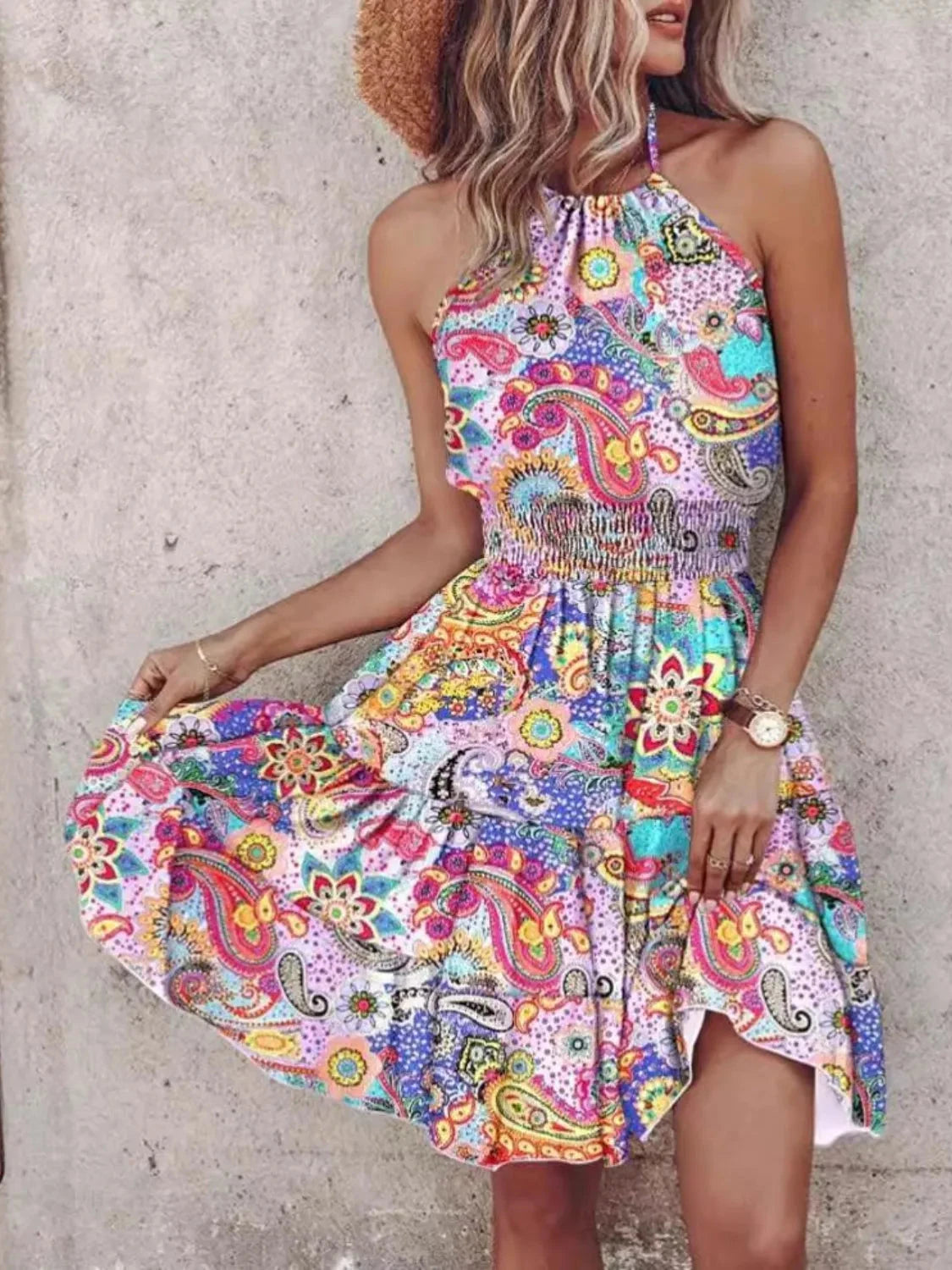 Boho Bloom Smocked Halter Mini Dress Coco’s Tee Boutique