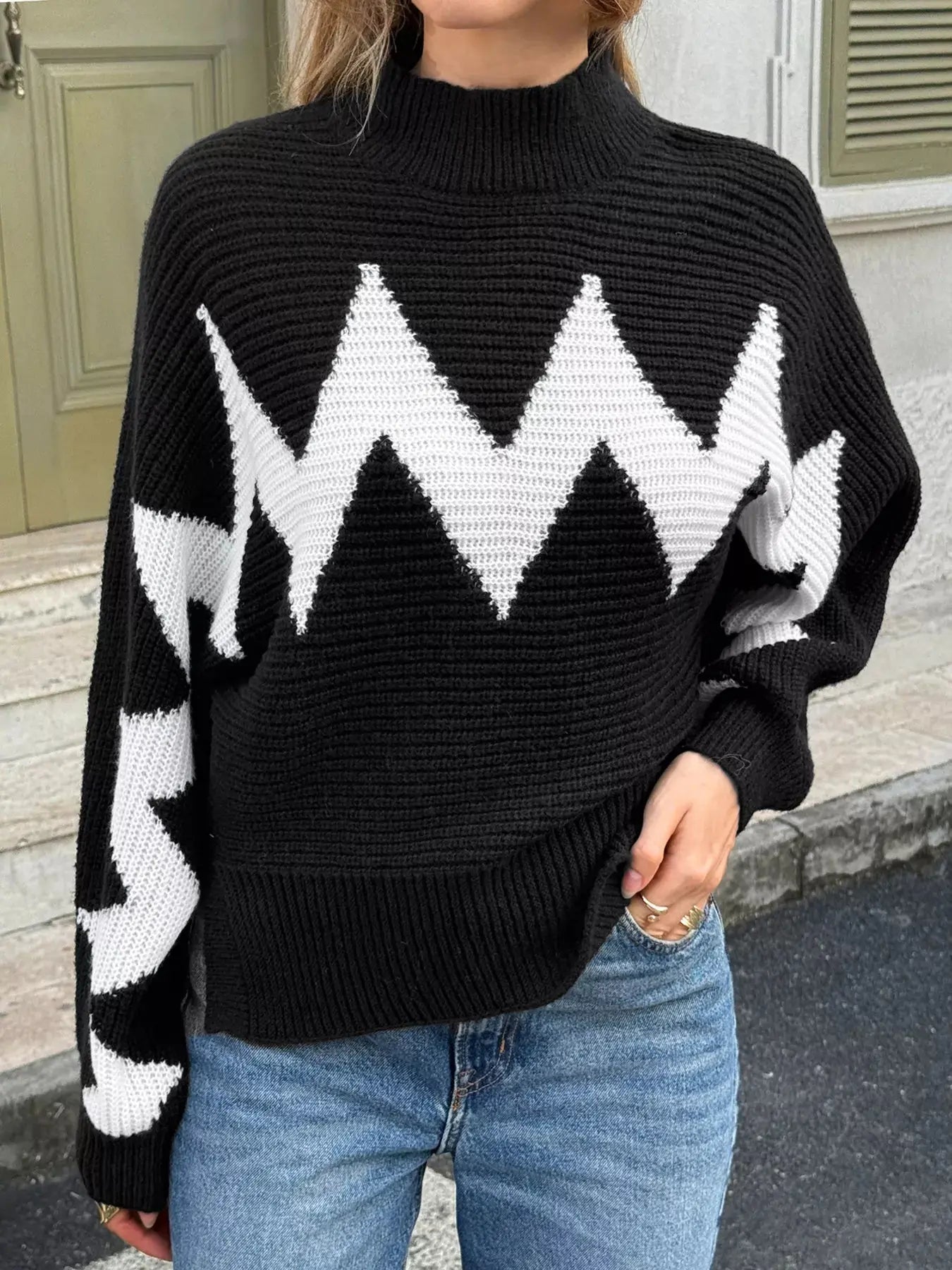 Zigzag Pattern Mock Neck Sweater Simply Love