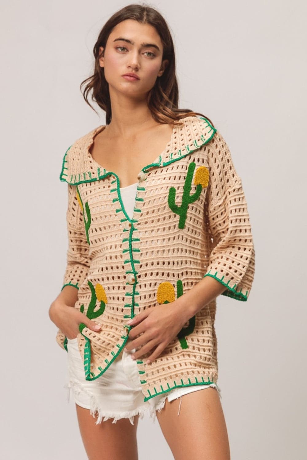 BiBi Edge Stitched Cactus Patch Sweater Cardigan.