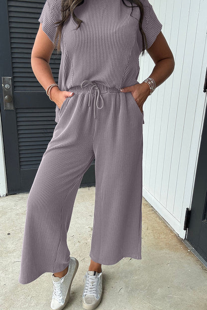 Wild Wind Solid Corded Knit Short Sleeve T Shirt Set