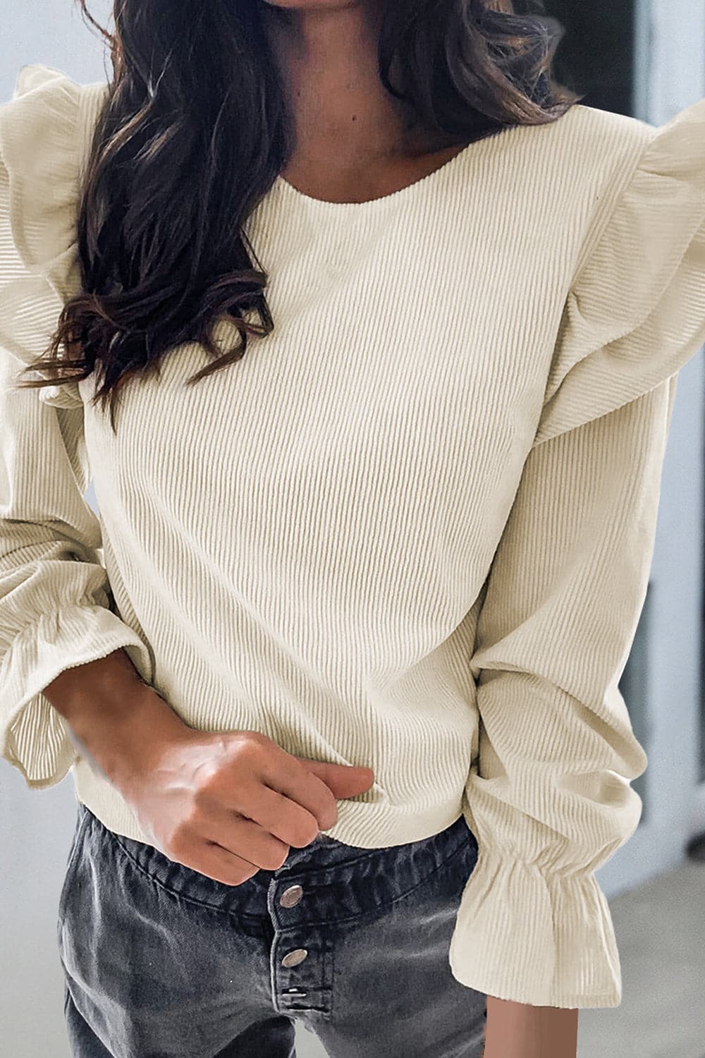 Ruffled Round Neck Flounce Sleeve Top.