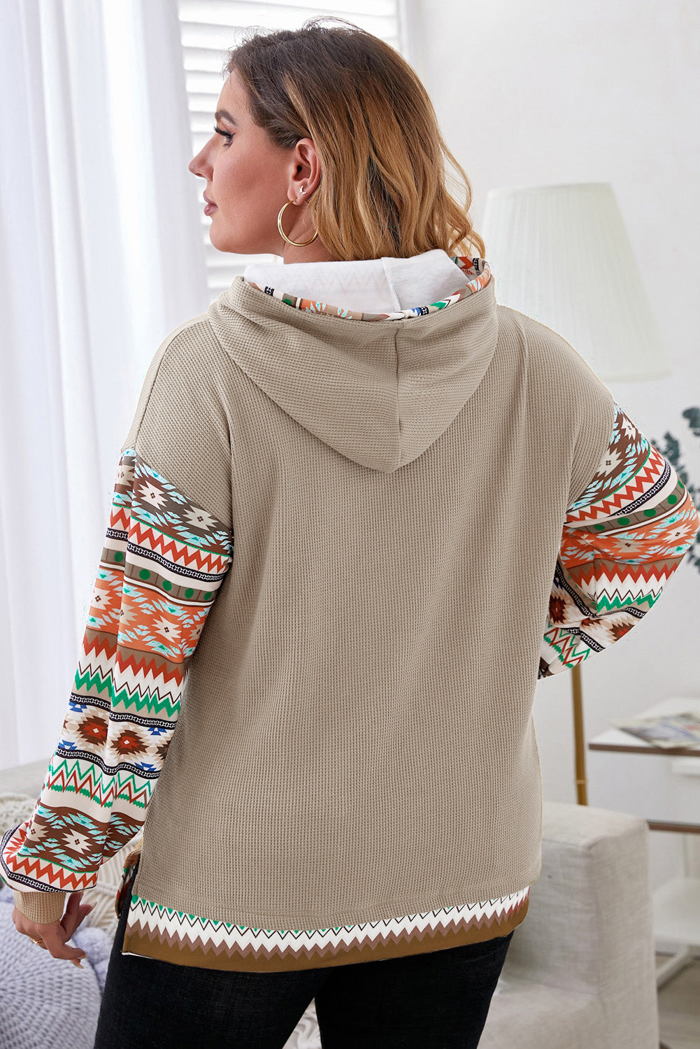 Smoke gray plus-size hoodie with Aztec patchwork sleeves and waffle texture