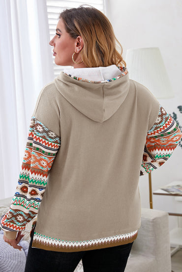 Smoke gray plus-size hoodie with Aztec patchwork sleeves and waffle texture