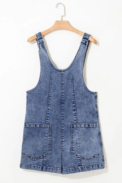 U Neck Patched Pocket Denim Overalls