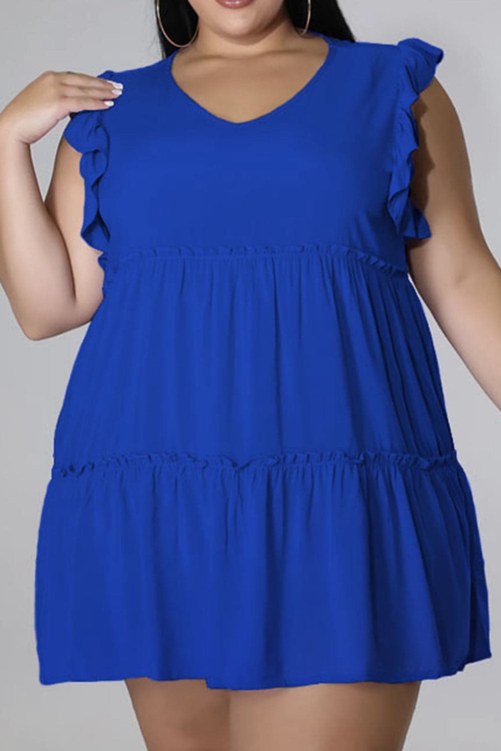 Plus Size V-Neck Frill Trim Mini Dress.