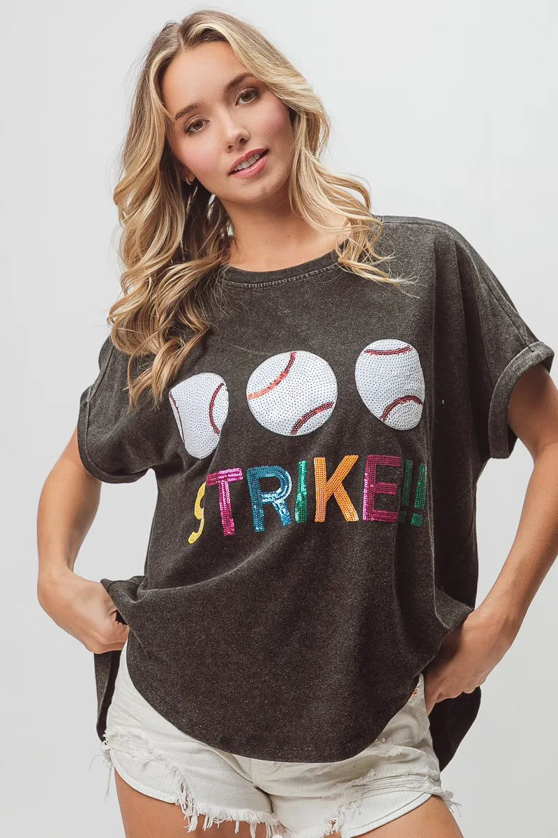 BiBi Sequin Baseballs Strike Washed Short Sleeve Top - Love Salve 