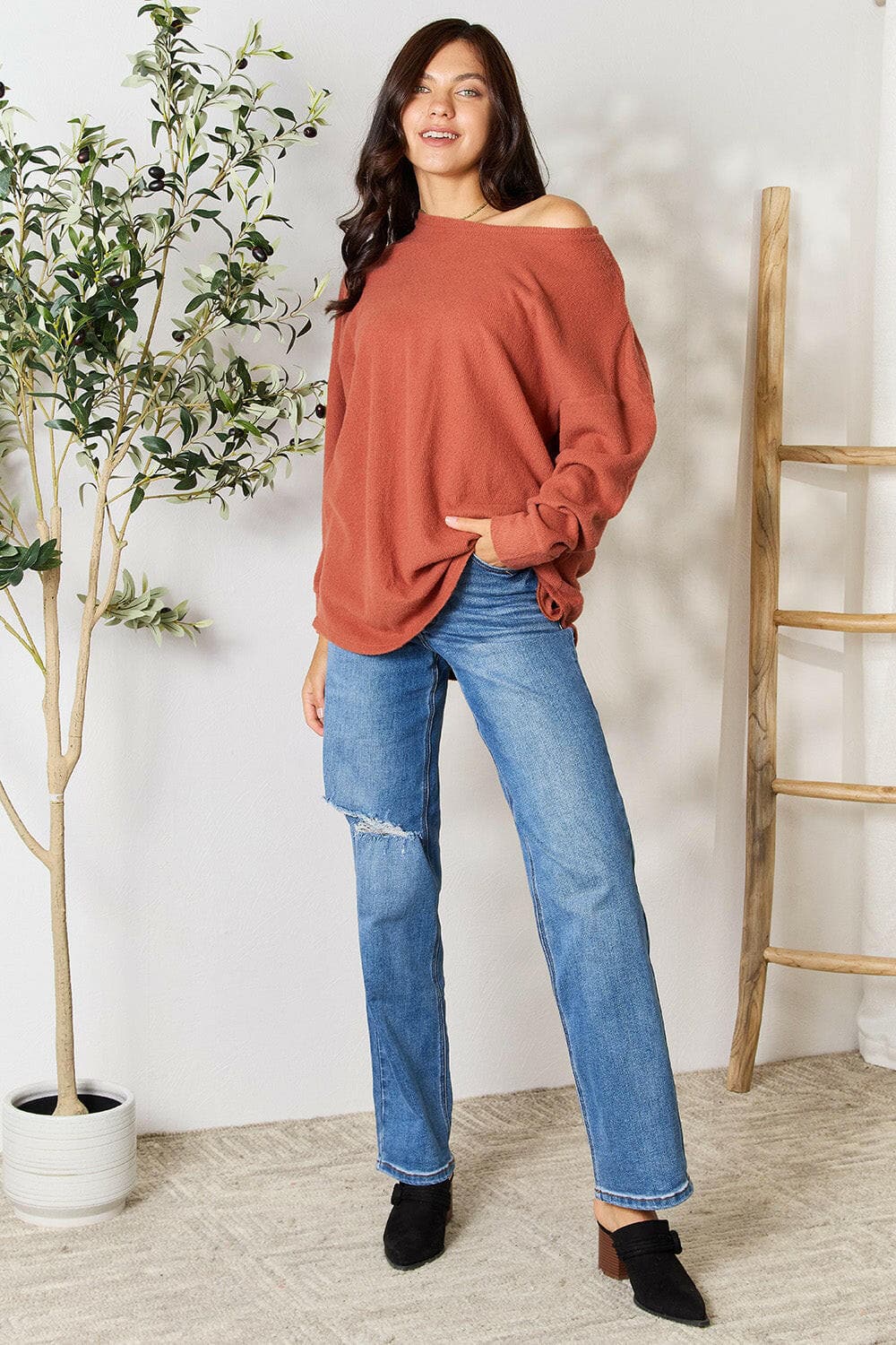 BOMBOM Drop Shoulder Long Sleeve Blouse with Pockets.