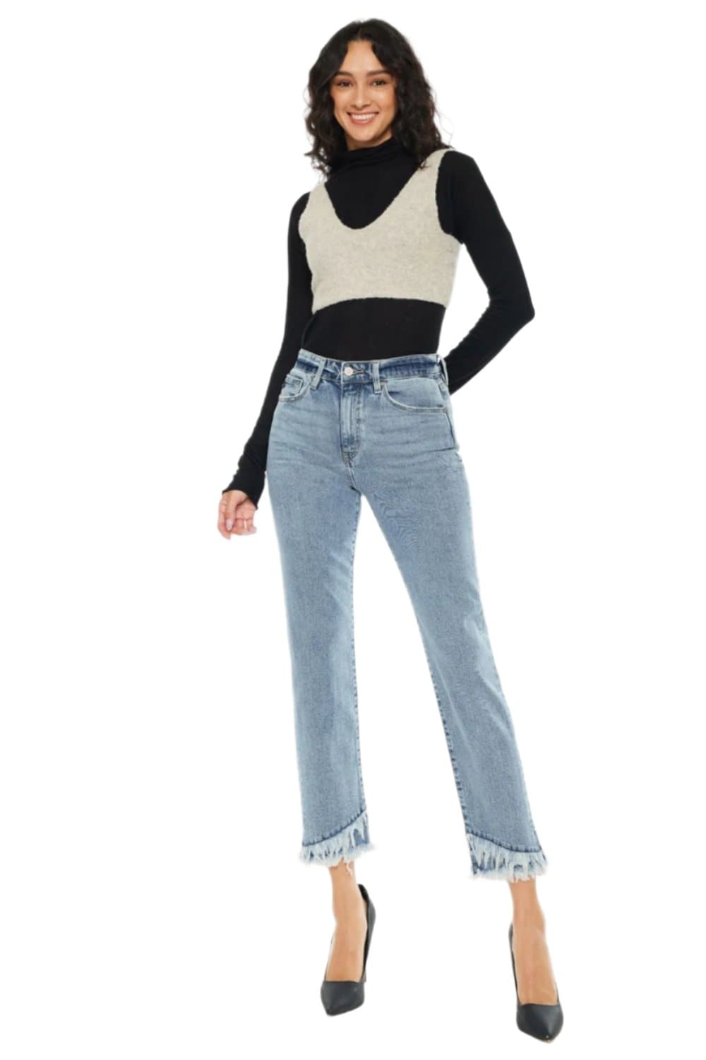 Kancan edgy raw hem high rise straight leg jeans