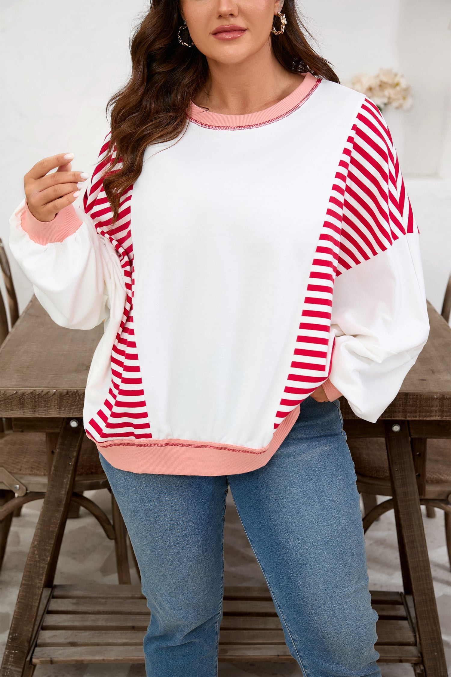 Dear-Lover Stripe Patchwork Plus Size Women's Sweatshirt Casual Fall Style Dear-Lover Dropshipping