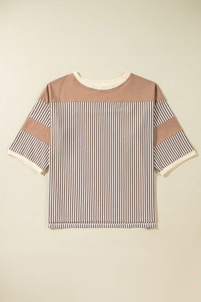 Khaki striped patchwork tee with bracelet sleeves for plus sizes