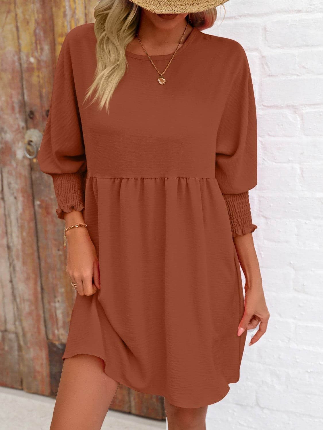 Round Neck Lantern Sleeve Mini DressFeatures: Basic style
Sheer: Opaque
Stretch: Slightly stretchy
Body: Not lined
Material composition: 100% polyester
Care instructions: Machine wash cold. Tumble dry Love Salve Round Neck Lantern Sleeve Mini Dress