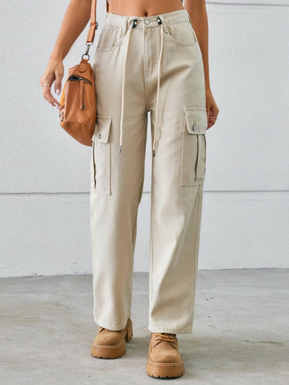 Drawstring Mid-Rise Waist Straight Cargo Jeans.