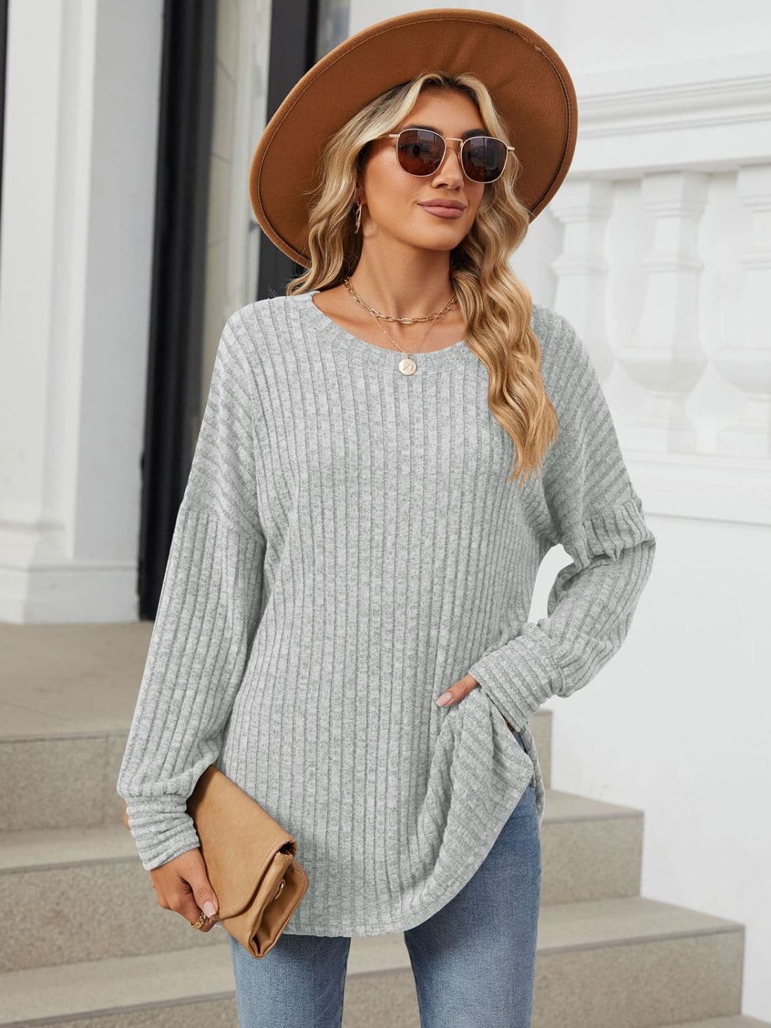 Ribbed Round Neck Long Sleeve T-Shirt.