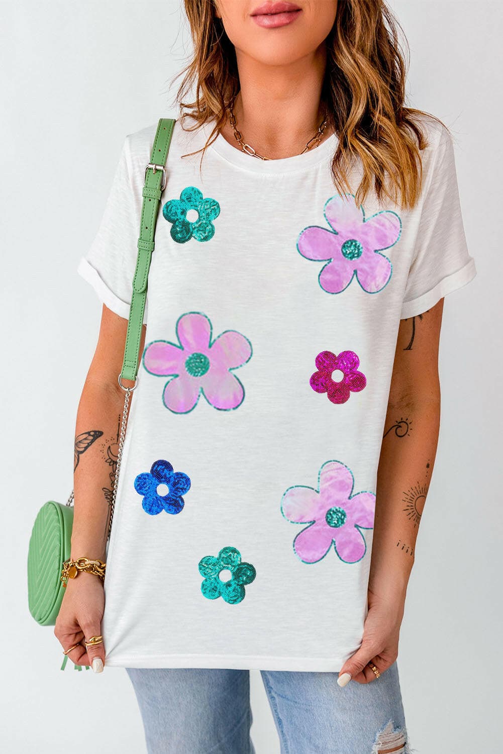 Flower Round Neck Short Sleeve T-Shirt.