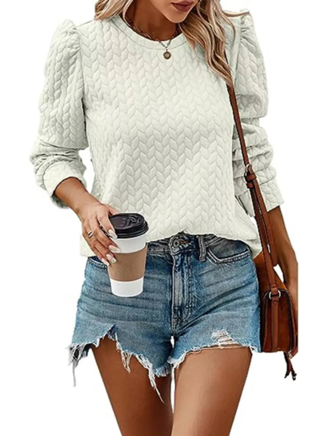 Textured Round Neck Long Sleeve Blouse Simply Love