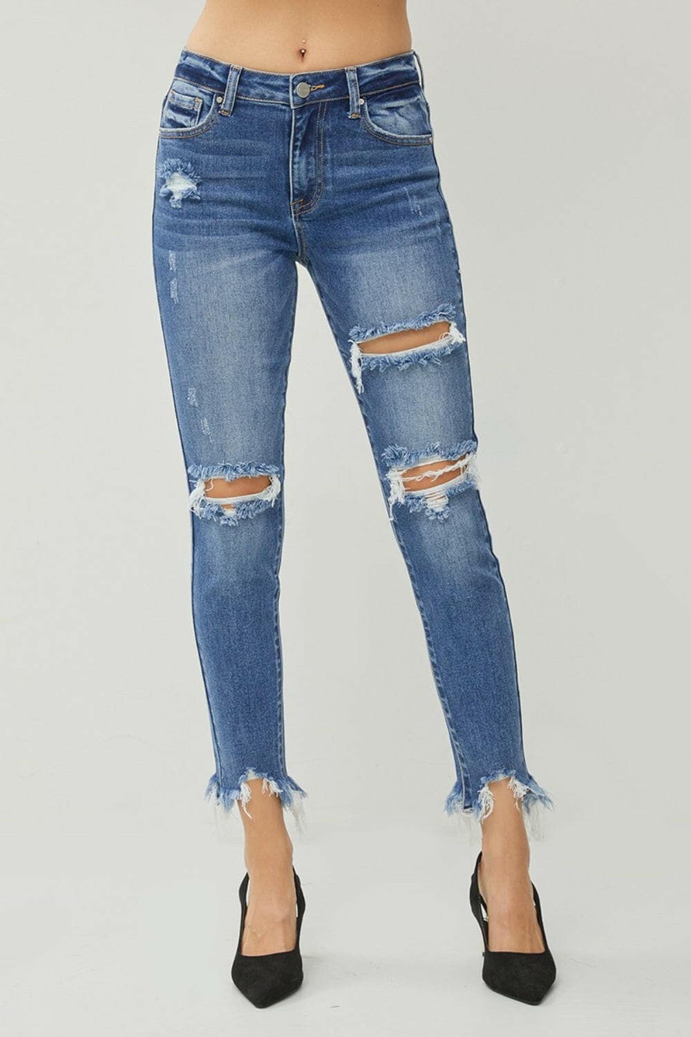 RISEN Distressed Frayed Hem Slim Jeans.