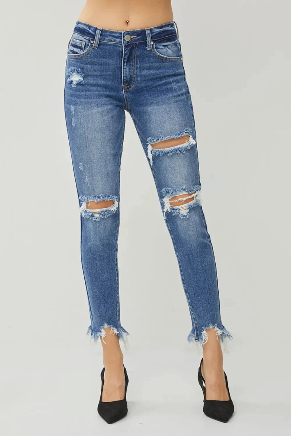 RISEN Distressed Frayed Hem Slim Jeans Coco’s Tee Boutique